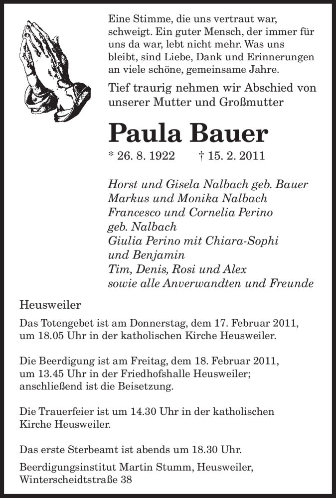  Traueranzeige für Paula Bauer vom 16.02.2011 aus SAARBRÜCKER ZEITUNG