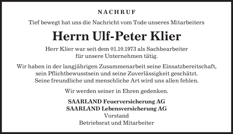  Traueranzeige für Ulf-Peter Klier vom 19.05.2012 aus SAARBRÜCKER ZEITUNG