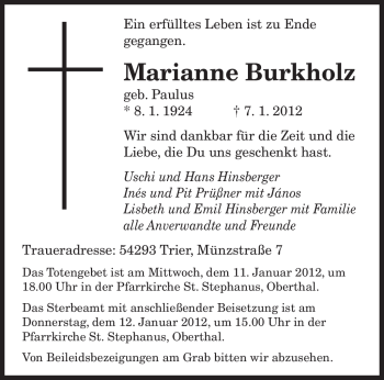 Traueranzeige von Marianne Burkholz von SAARBRÜCKER ZEITUNG