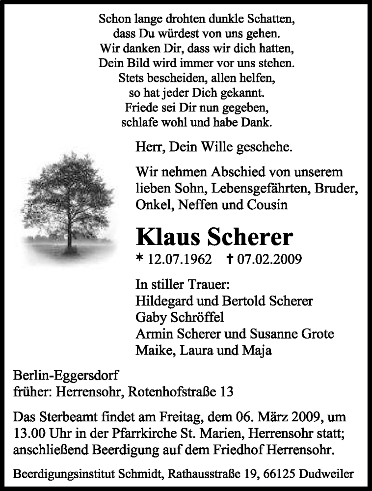  Traueranzeige für Klaus Scherer vom 28.02.2009 aus SAARBRÜCKER ZEITUNG