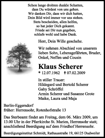 Traueranzeige von Klaus Scherer von SAARBRÜCKER ZEITUNG