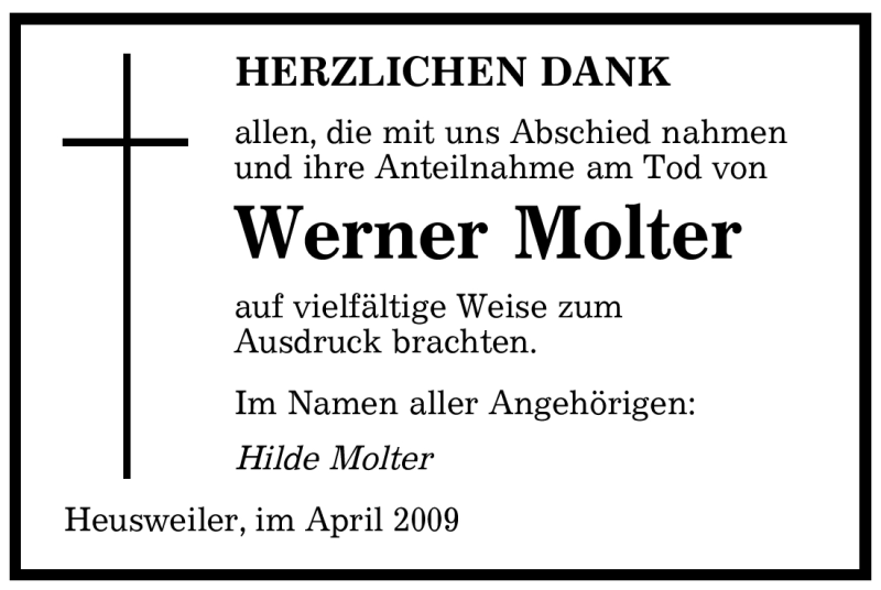  Traueranzeige für Werner Molter vom 04.04.2009 aus SAARBRÜCKER ZEITUNG