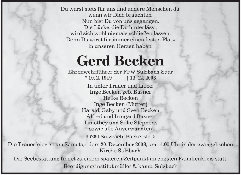  Traueranzeige für Gerd Becken vom 17.12.2008 aus SAARBRÜCKER ZEITUNG