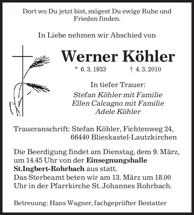  Traueranzeige für Werner Köhler vom 06.03.2010 aus SAARBRÜCKER ZEITUNG