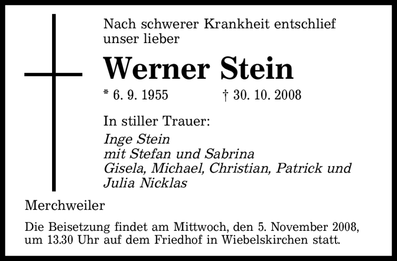  Traueranzeige für Werner Stein vom 04.11.2008 aus SAARBRÜCKER ZEITUNG