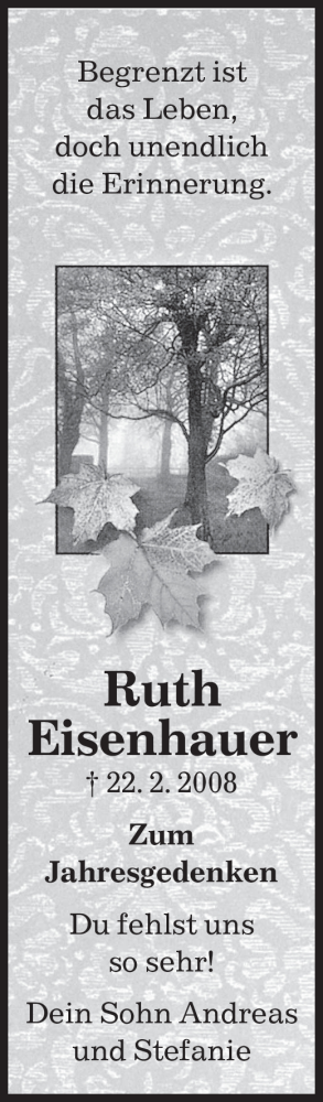  Traueranzeige für Ruth Eisenhauer vom 21.02.2009 aus SAARBRÜCKER ZEITUNG