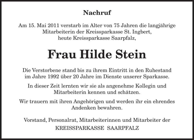  Traueranzeige für Hilde Stein vom 19.05.2011 aus SAARBRÜCKER ZEITUNG