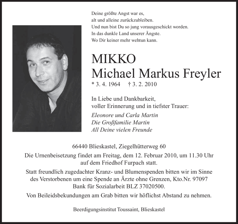  Traueranzeige für Michael Markus Freyler vom 10.02.2010 aus SAARBRÜCKER ZEITUNG