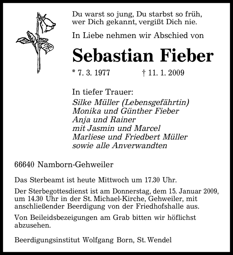  Traueranzeige für Sebastian Fieber vom 14.01.2009 aus SAARBRÜCKER ZEITUNG
