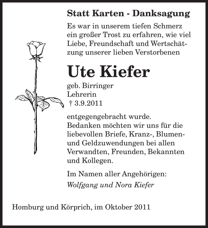  Traueranzeige für Ute Kiefer vom 15.10.2011 aus SAARBRÜCKER ZEITUNG