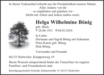 Traueranzeige von Helga Wilhelmine Bönig von SAARBRÜCKER ZEITUNG