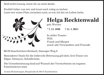 Traueranzeige von Helga Recktenwald von SAARBRÜCKER ZEITUNG