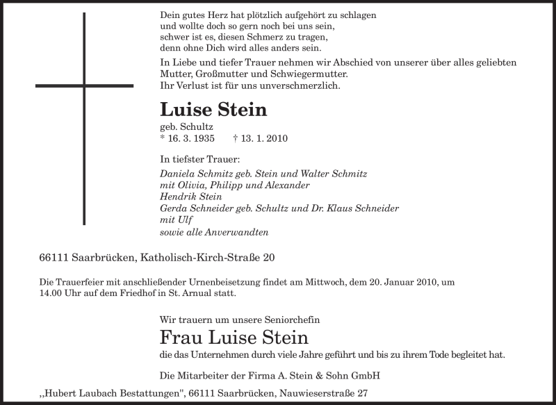  Traueranzeige für Luise Stein vom 16.01.2010 aus SAARBRÜCKER ZEITUNG