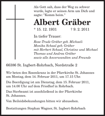 Traueranzeige von Albert Gräber von SAARBRÜCKER ZEITUNG
