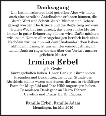Traueranzeige von Irmina Erbel von SAARBRÜCKER ZEITUNG
