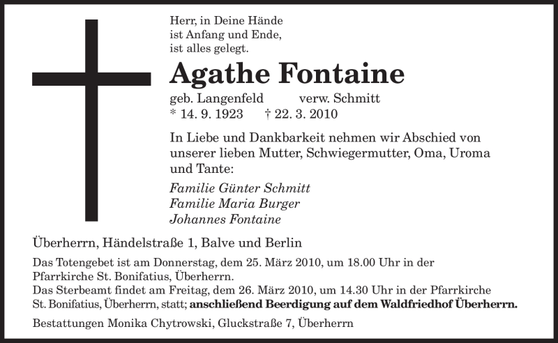  Traueranzeige für Agathe Fontaine vom 24.03.2010 aus SAARBRÜCKER ZEITUNG