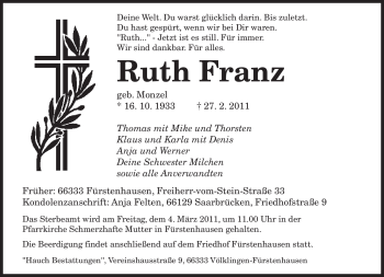 Traueranzeige von Ruth Franz von SAARBRÜCKER ZEITUNG