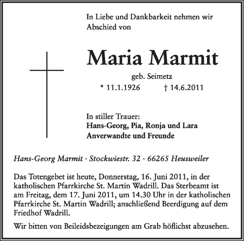  Traueranzeige für Maria Marmit vom 16.06.2011 aus SAARBRÜCKER ZEITUNG