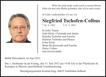 Traueranzeige von Siegfried Tschofen-Colbus von SAARBRÜCKER ZEITUNG