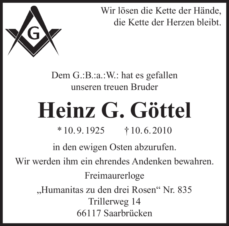  Traueranzeige für Heinz G. Göttel vom 19.06.2010 aus SAARBRÜCKER ZEITUNG