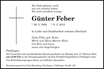 Traueranzeige von Günter Feber von SAARBRÜCKER ZEITUNG