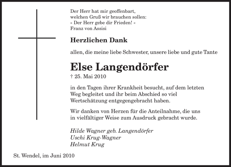  Traueranzeige für Else Langendörfer vom 26.06.2010 aus SAARBRÜCKER ZEITUNG