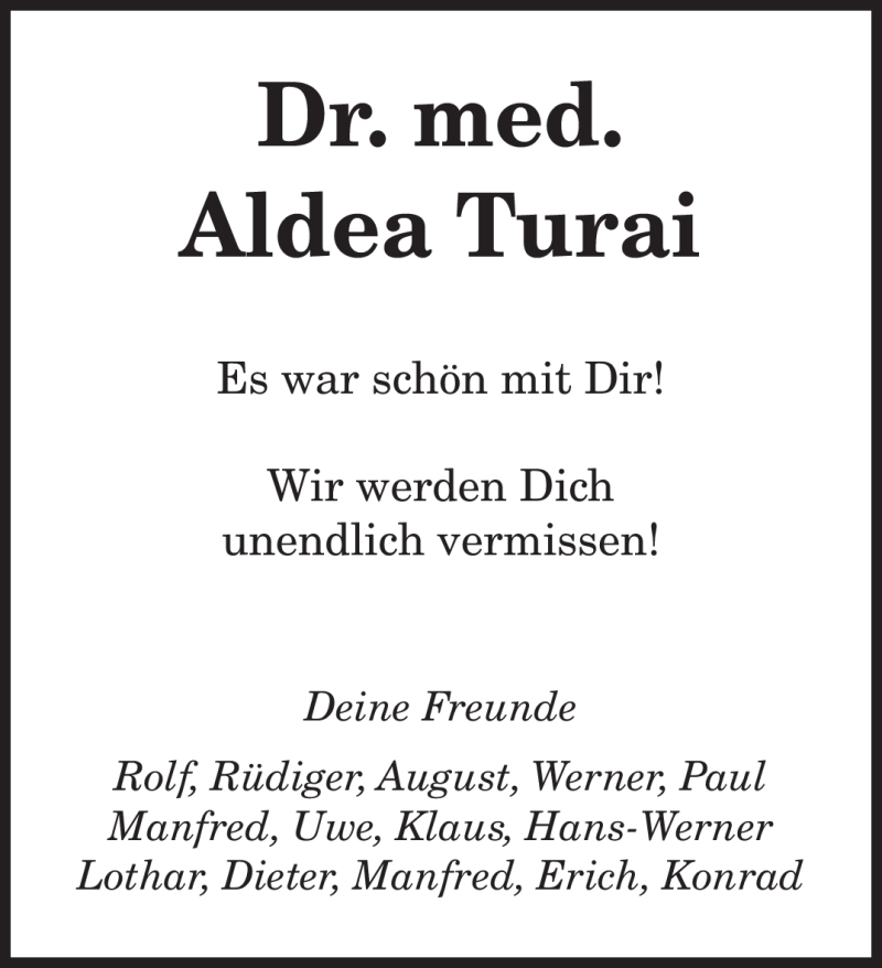  Traueranzeige für Aldea Turai vom 06.03.2010 aus SAARBRÜCKER ZEITUNG