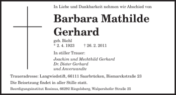 Traueranzeige von Barbara Mathilde Gerhard von SAARBRÜCKER ZEITUNG