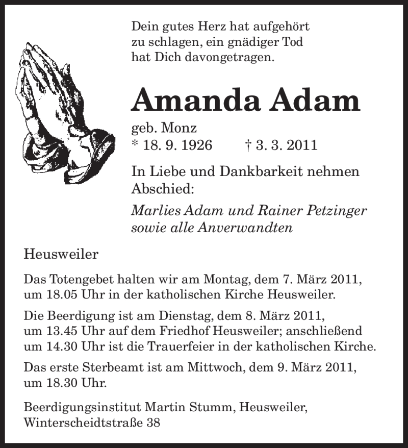  Traueranzeige für Amanda Adam vom 05.03.2011 aus SAARBRÜCKER ZEITUNG