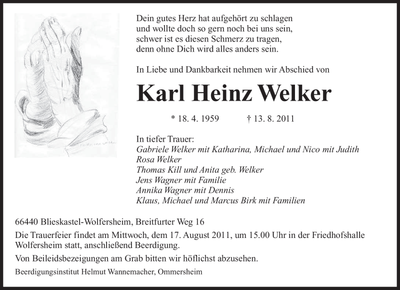  Traueranzeige für Karl Heinz Welker vom 16.08.2011 aus SAARBRÜCKER ZEITUNG
