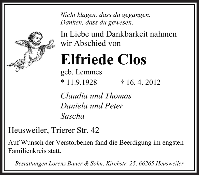  Traueranzeige für Elfriede Clos vom 21.04.2012 aus SAARBRÜCKER ZEITUNG