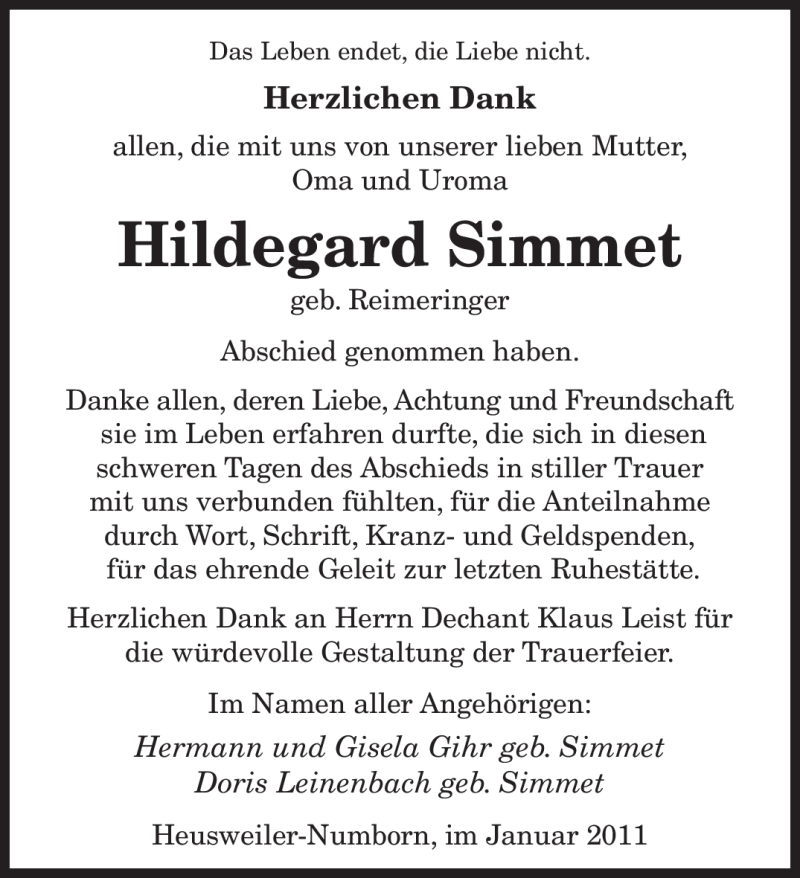  Traueranzeige für Hildegard Simmet vom 29.01.2011 aus SAARBRÜCKER ZEITUNG