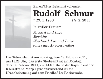 Traueranzeige von Rudolf Schnur von SAARBRÜCKER ZEITUNG