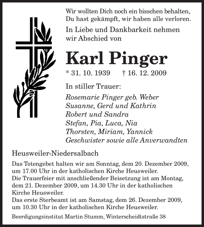  Traueranzeige für Karl Pinger vom 18.12.2009 aus SAARBRÜCKER ZEITUNG