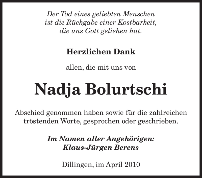  Traueranzeige für Nadja Bolurtschi vom 03.04.2010 aus SAARBRÜCKER ZEITUNG