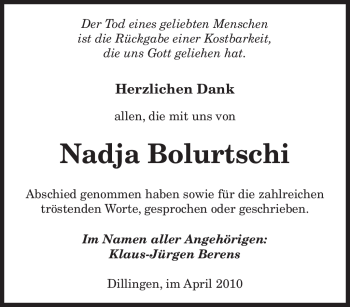 Traueranzeige von Nadja Bolurtschi von SAARBRÜCKER ZEITUNG