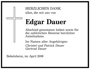 Traueranzeige von Edgar Dauer von SAARBRÜCKER ZEITUNG