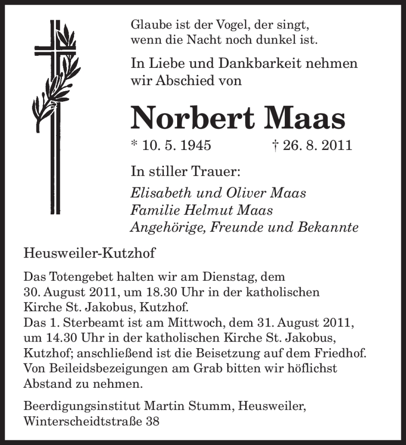  Traueranzeige für Norbert Maas vom 29.08.2011 aus SAARBRÜCKER ZEITUNG