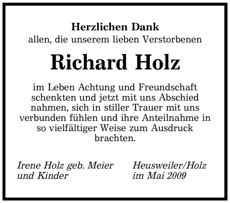  Traueranzeige für Richard Holz vom 19.05.2009 aus SAARBRÜCKER ZEITUNG