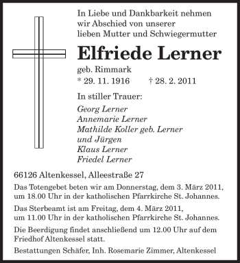 Traueranzeige von Elfriede Lerner von SAARBRÜCKER ZEITUNG