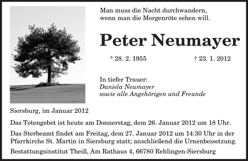 Traueranzeige für Peter Neumayer vom 26.01.2012 aus SAARBRÜCKER ZEITUNG