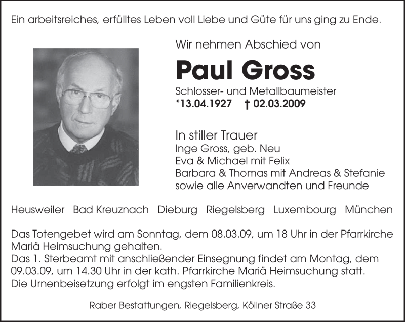  Traueranzeige für Paul Gross vom 05.03.2009 aus SAARBRÜCKER ZEITUNG