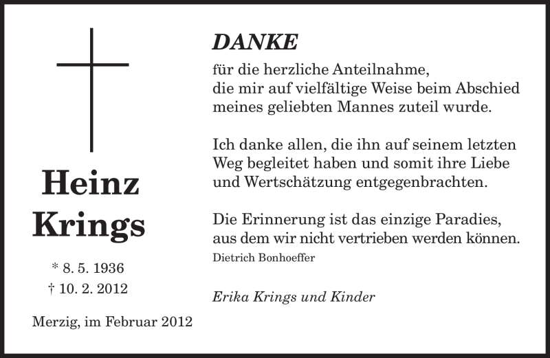  Traueranzeige für Heinz Krings vom 25.02.2012 aus SAARBRÜCKER ZEITUNG