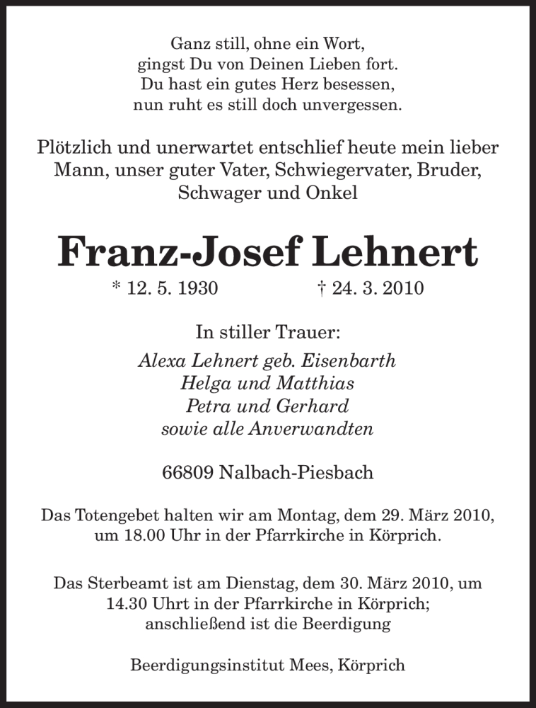  Traueranzeige für Franz-Josef Lehnert vom 27.03.2010 aus SAARBRÜCKER ZEITUNG