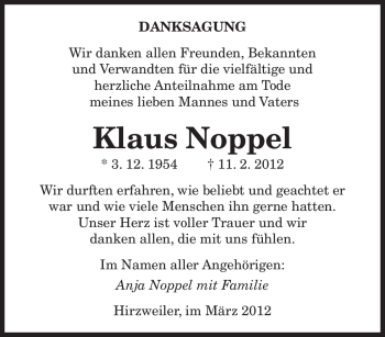 Traueranzeige von Klaus Noppel von SAARBRÜCKER ZEITUNG