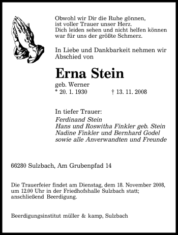 Traueranzeige von Erna Stein von SAARBRÜCKER ZEITUNG