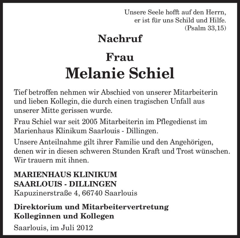  Traueranzeige für Melanie Schiel vom 05.07.2012 aus SAARBRÜCKER ZEITUNG