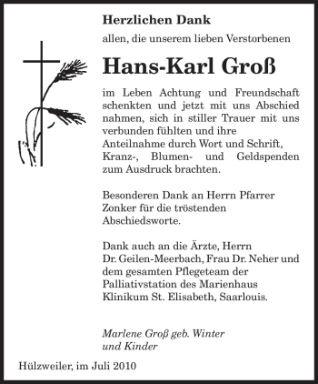 Traueranzeige von Hans-Karl Groß von SAARBRÜCKER ZEITUNG