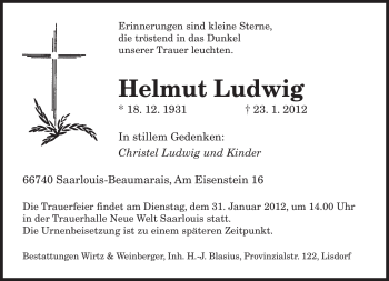 Traueranzeige von Helmut Ludwig von SAARBRÜCKER ZEITUNG