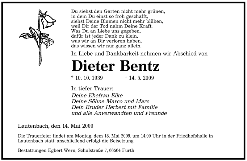  Traueranzeige für Dieter Bentz vom 16.05.2009 aus SAARBRÜCKER ZEITUNG